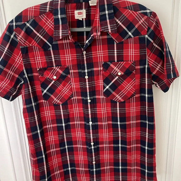Levi's Men’s Pearl Snap Check Plaid Cotton Lightweight Western Shirt Red Size L - Picture 5 of 12